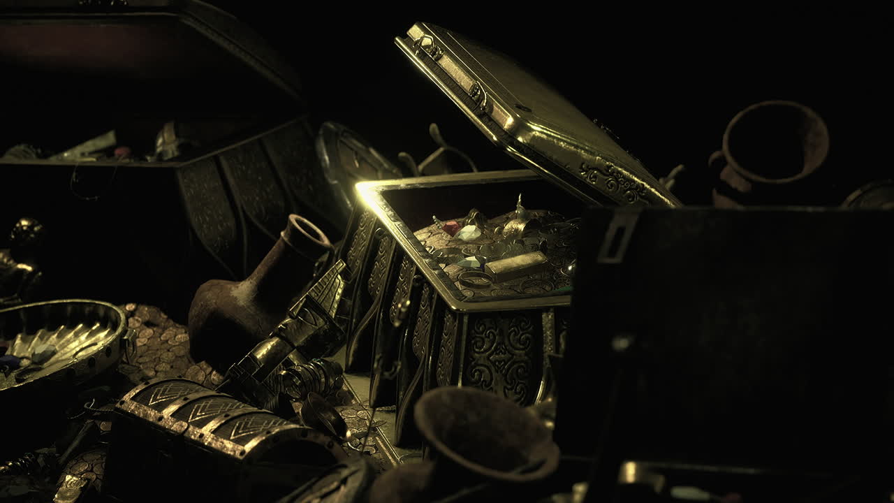 Curious treasures scattered across a dark surface in a mysterious setting