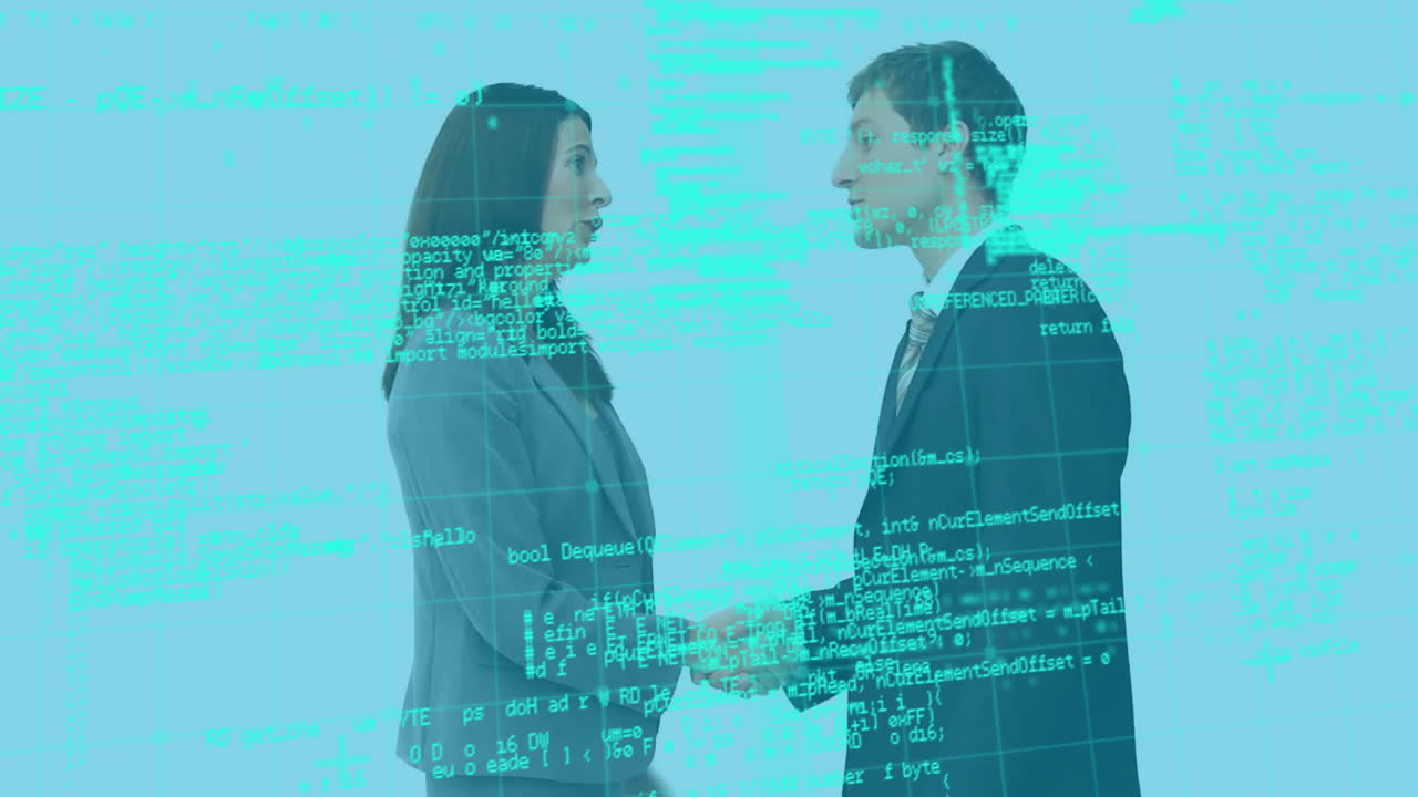 animación de procesamiento de datos sobre diversas personas estrechando la mano en la oficina