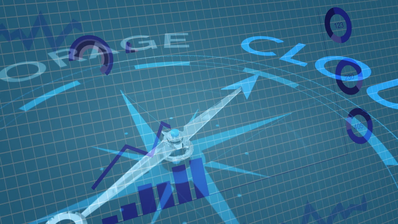 저장소에서 클라우드 텍스트로 이동하는 바늘과 함께 나침반 위의 통계 및 데이터의 애니메이션