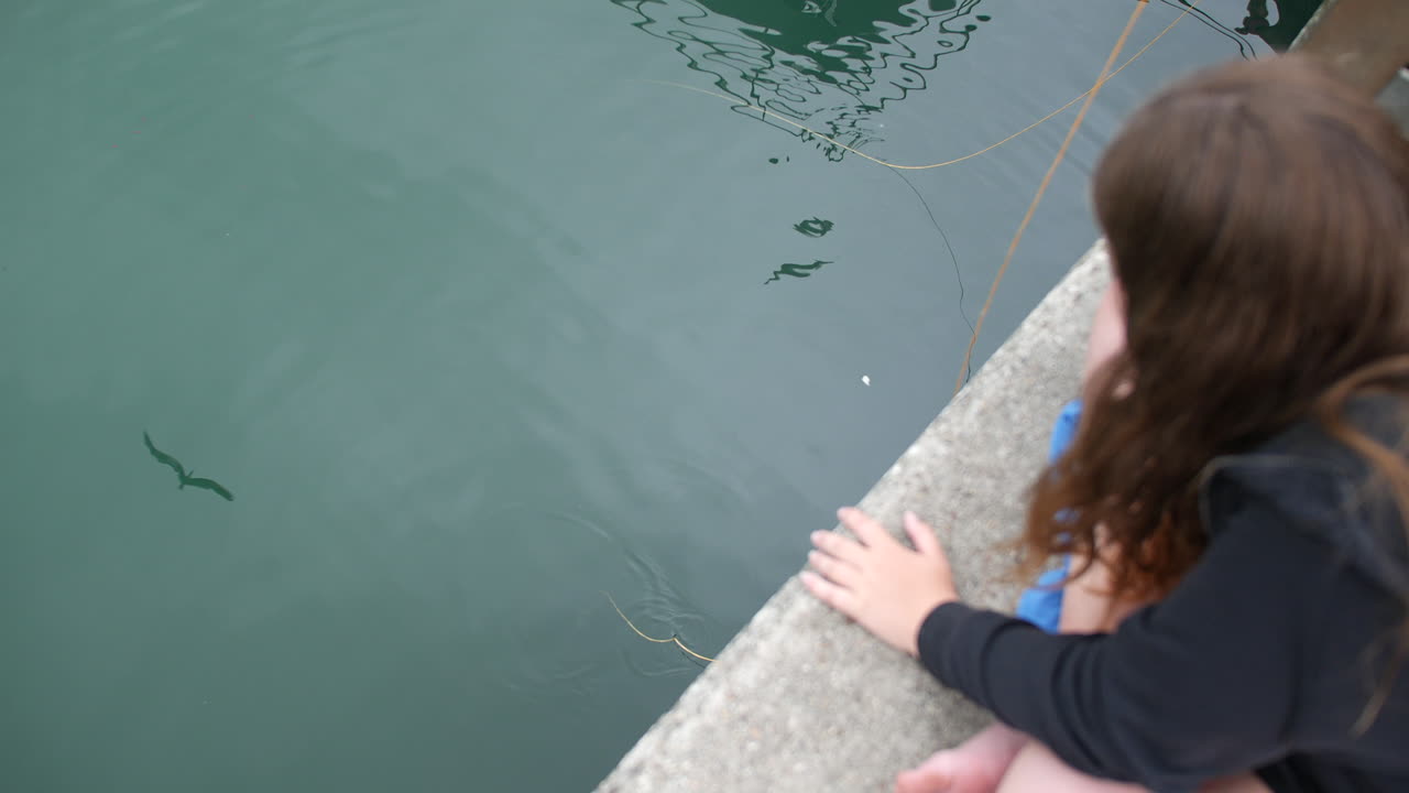 A girl leaning over a stone edge lowers a baited line into the water, watching ripples form on the harbor surface in Padstow, Cornwall, England