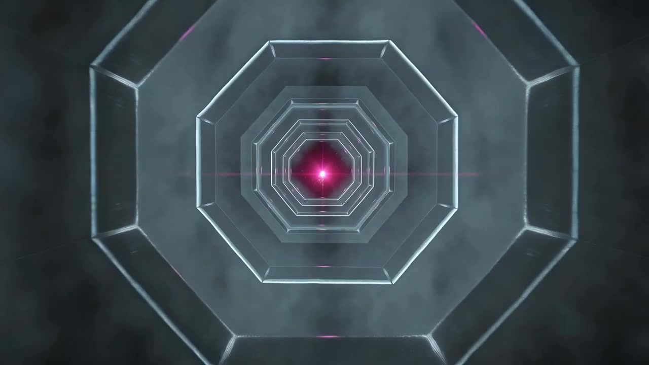 Pulsing octagon rings reacting while gold beams entering from lower right in CGI, shifting core hue