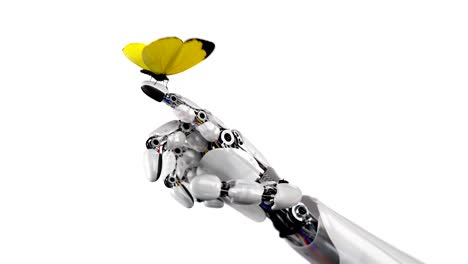 yellow butterfly lands on the robot's hand