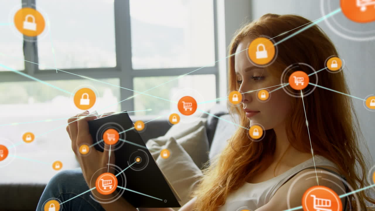 카우카스 여성 독서에 대한 아이콘과 연결 네트워크의 애니메이션