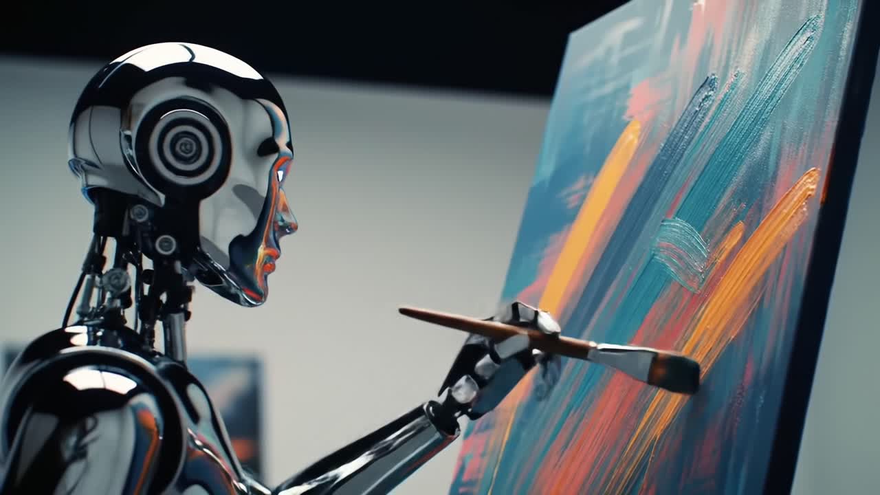 A Futuristic Robot Artist Skillfully Creates Abstract Artwork on Canvas Using a Brush, Blending Colorful Stripes in a Vision of Technology and Creativity