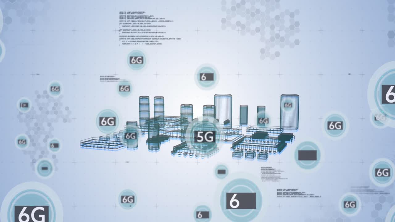 Animazione di elaborazione dati e testi 6G con schema su sfondo bianco