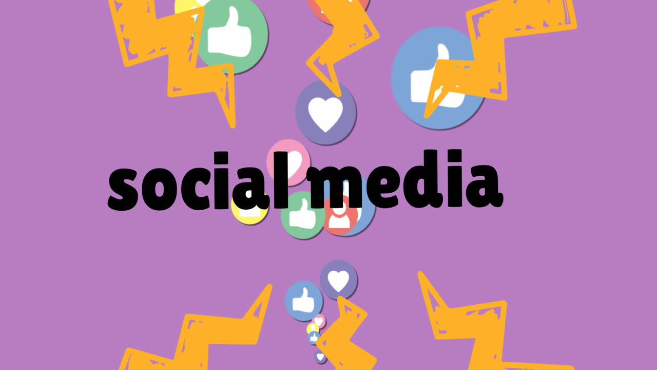 Animation of social media icons and text over purple background