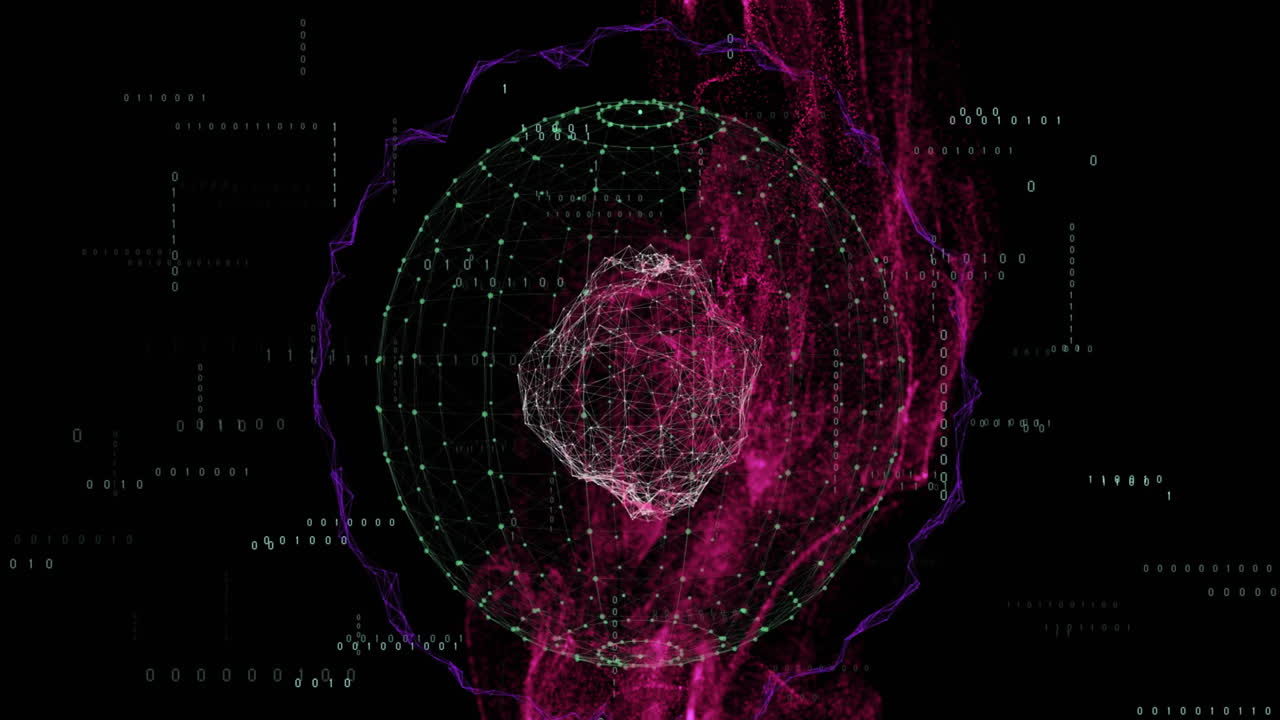 Animation of data processing and globe on black background