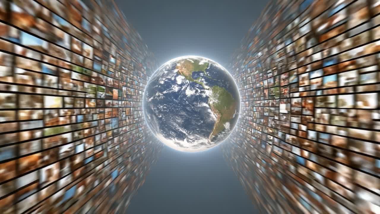 A Visual Journey Through Time and Space: The Earth Surrounded by a Dynamic Display of Interconnected Global Imagery that Represents Human Experience and Culture