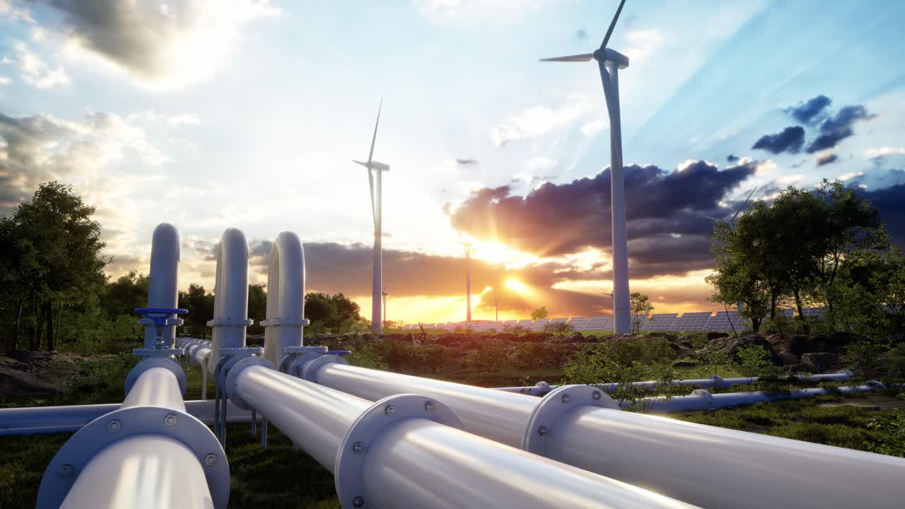 수소 파이프라인과 풍력 터빈, 광전지 패널은 깨한 에너지 생산을 향상시니다.