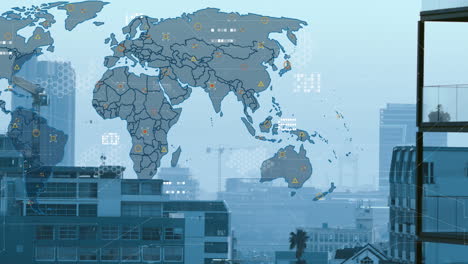 animation of world map and financial data processing over cityscape