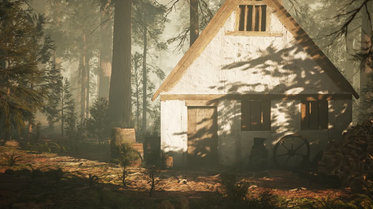 vieja casa de madera en el bosque de otoño