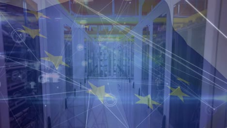 Animation-Von-Verbindungen-Und-Flagge-Der-Europäischen-Union-über-Servern