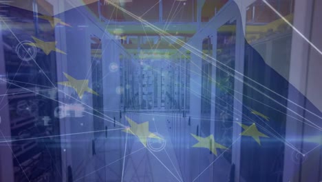 animation of connections and european union flag over servers