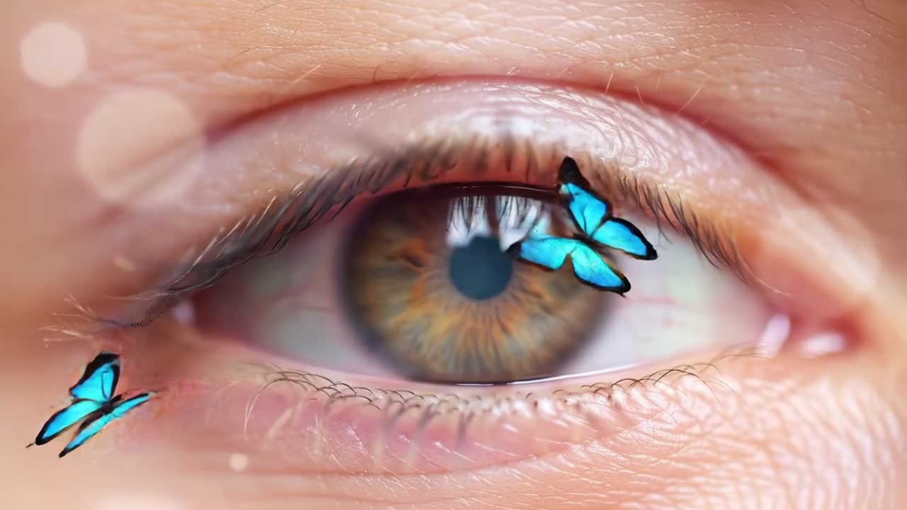 A Stunning Close-Up of an Eye Adorned with Beautiful Blue Butterflies Creating a Surreal and Dreamlike Visual Experience