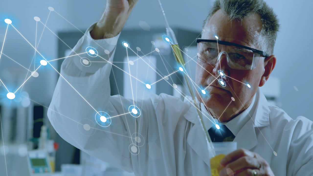 실험실에서 일하는 백인 남성 과학자에 대한 연결 네트워크의 애니메이션
