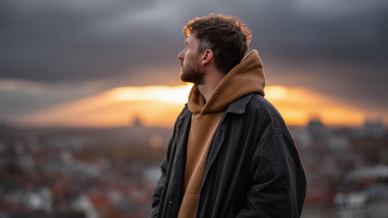 Contemplative Man in Urban Landscape Against a Dramatic Sunset Sky, Evoking Emotions of Reflection and Serenity Amidst Changing Cityscapes