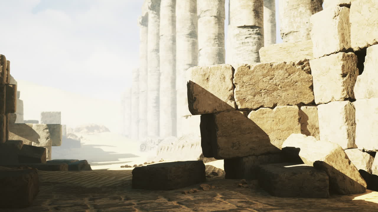 Ancient stone ruins amidst golden sands reveal a forgotten civilization