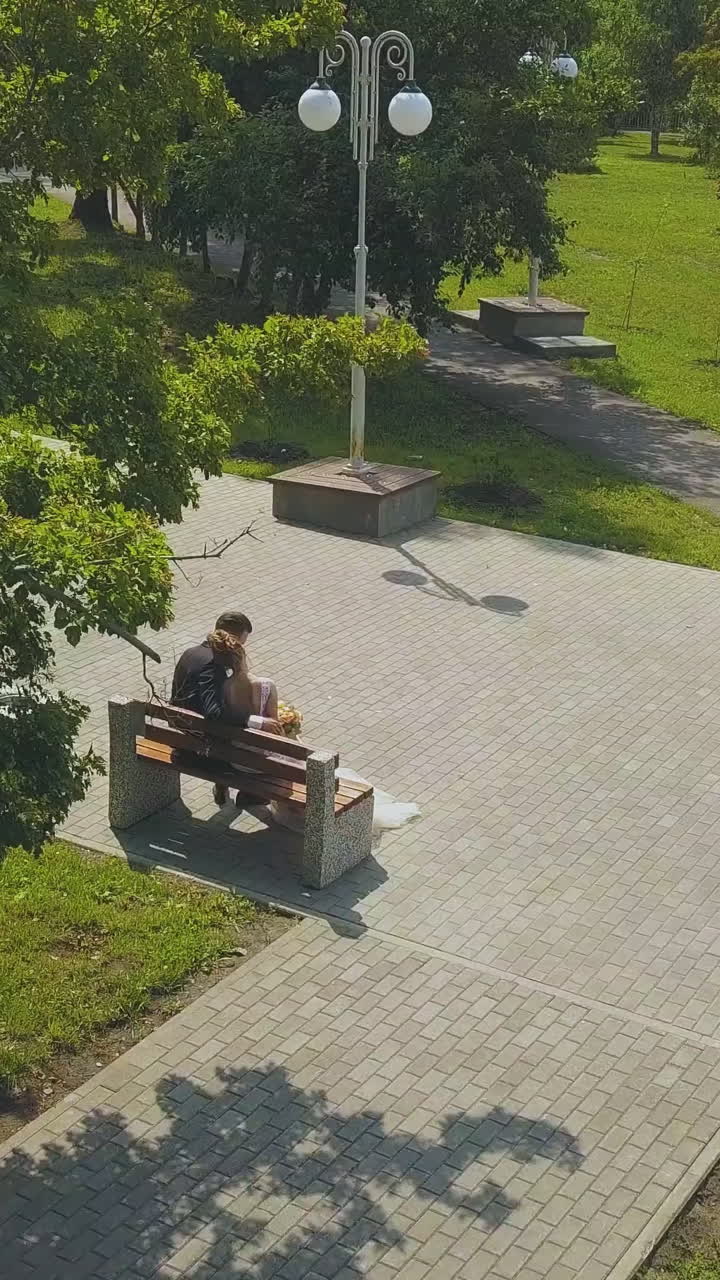 happy newly wedded couple sits on bench hugging in beautiful green park on warm sunny day upper view