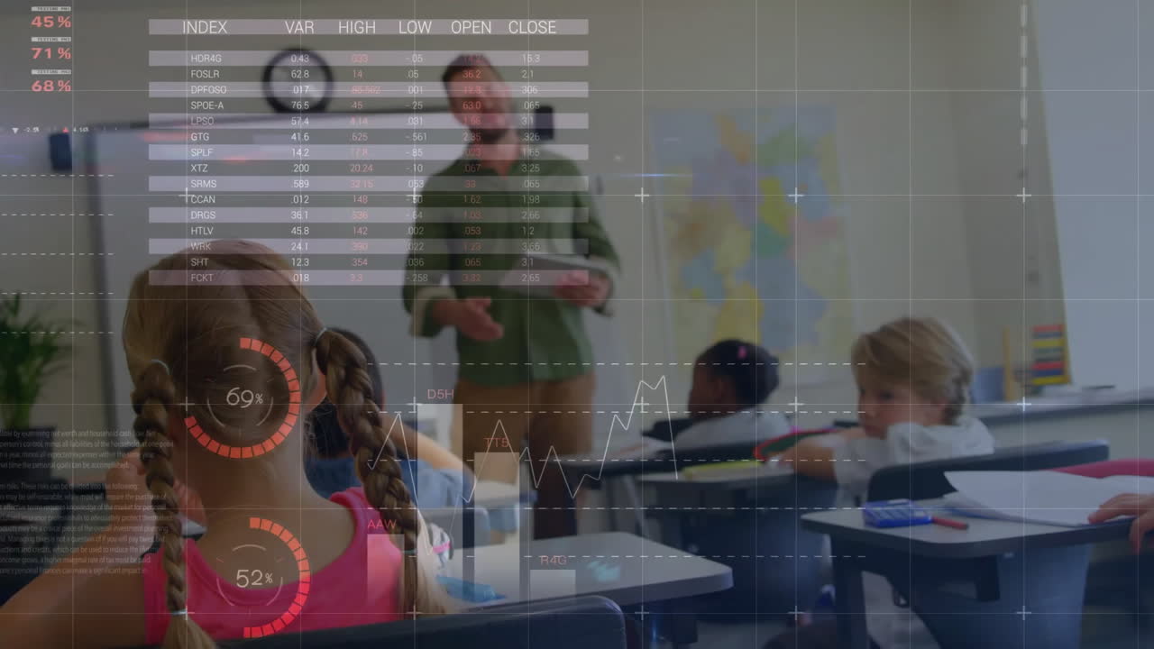 Animation of multicolored infographic interface, diverse male teacher teaching students in classroom