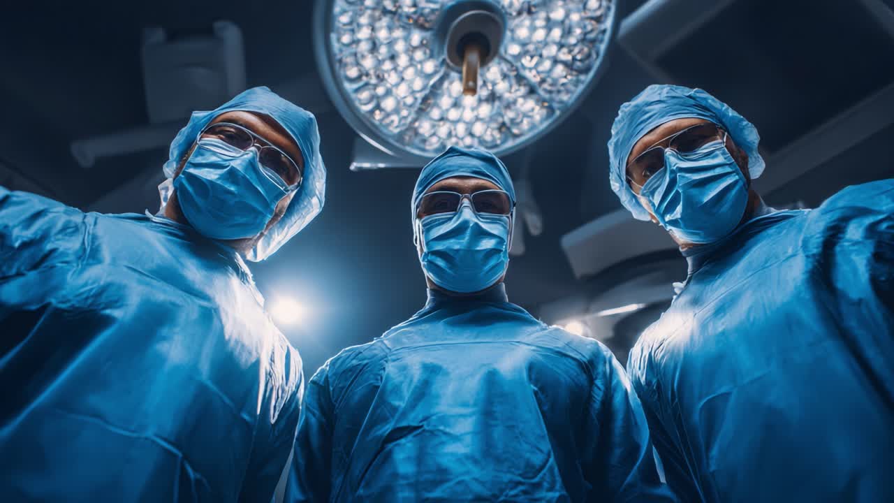 Surgical Team Preparing for Operation: Three Medical Professionals in Scrubs and Masks Under Bright Surgical Lights Displaying Focused Determination and Expertise