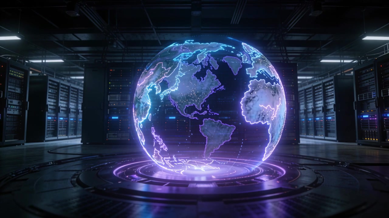 Emerging hologram globe hovering, rotating above server room base, pulsing neon maps for monitoring