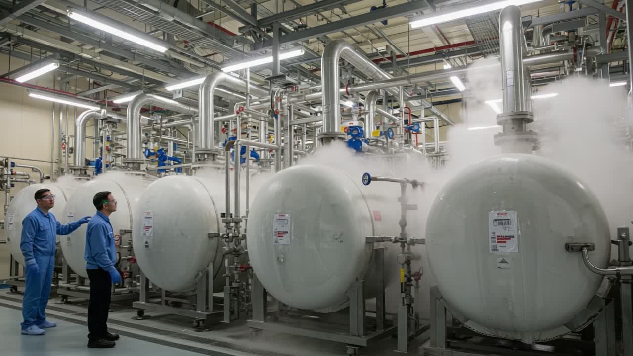 Inspecting Advanced Industrial Equipment: Engineers Evaluating High-Pressure Vessels at a Cutting-Edge Facility with Steam and Safety Protocols in Action