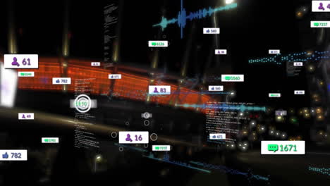 Animation-of-notification-bars,-computer-language-over-moving-vehicles-against-buildings