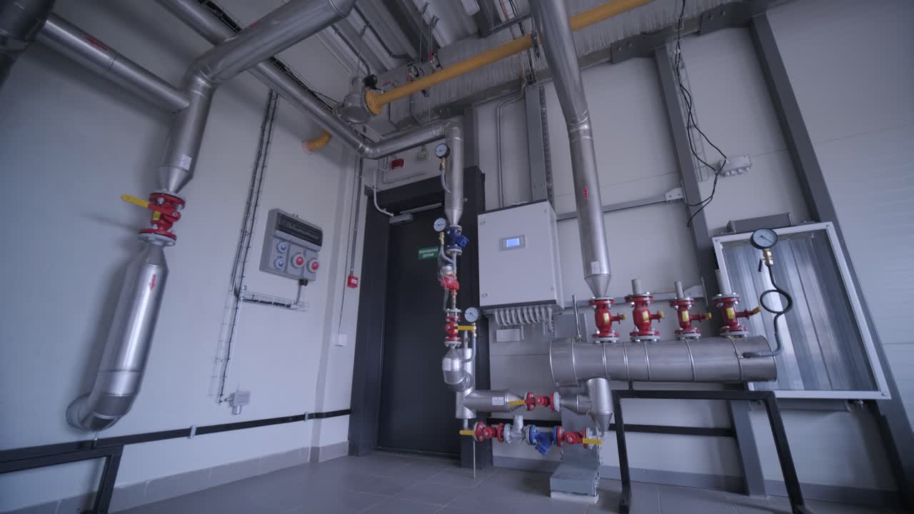 Modern industrial gas boiler room equipped for heating process. Heating gas boilers, pipelines, valves.