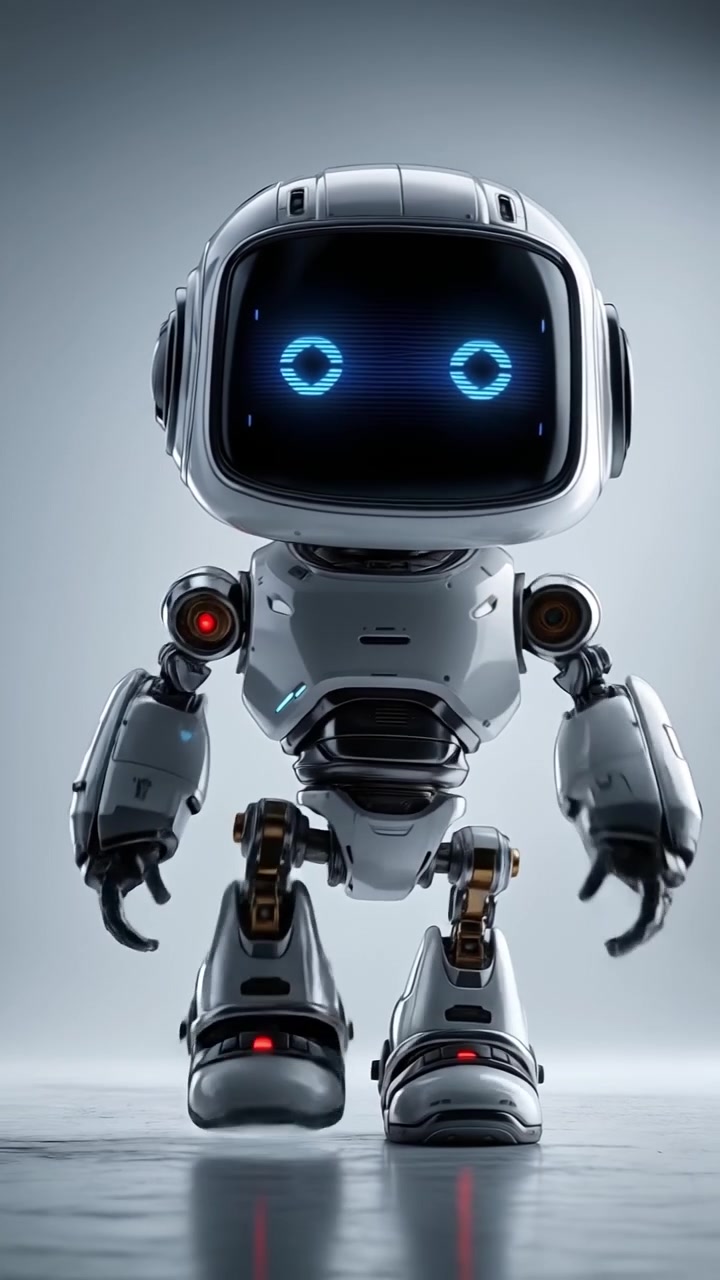 Small futuristic white robot with glowing screen head standing in a modern studio
