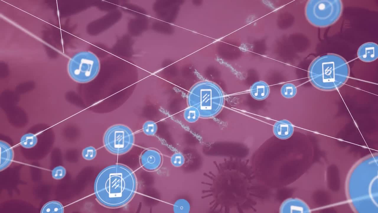 animación de la red de conexiones con iconos y células de covid 19 en fondo rojo