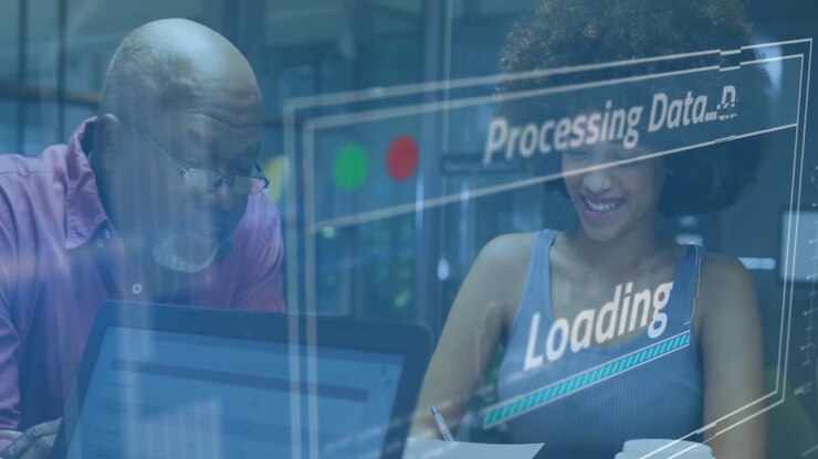 Animation of financial data processing over diverse business people working in office