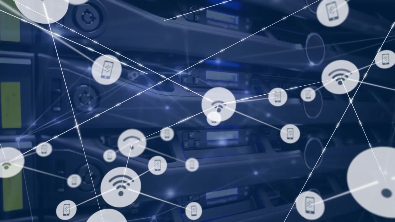 Animation of network of connections with icons over computer servers