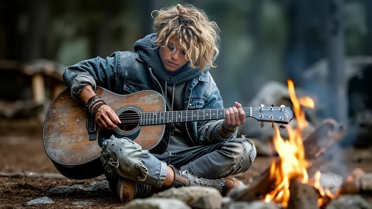 A young man sitting in front of a campfire playing a guitar