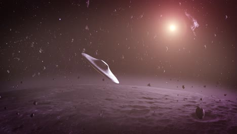 ufo hovering over an asteroid field in outer space