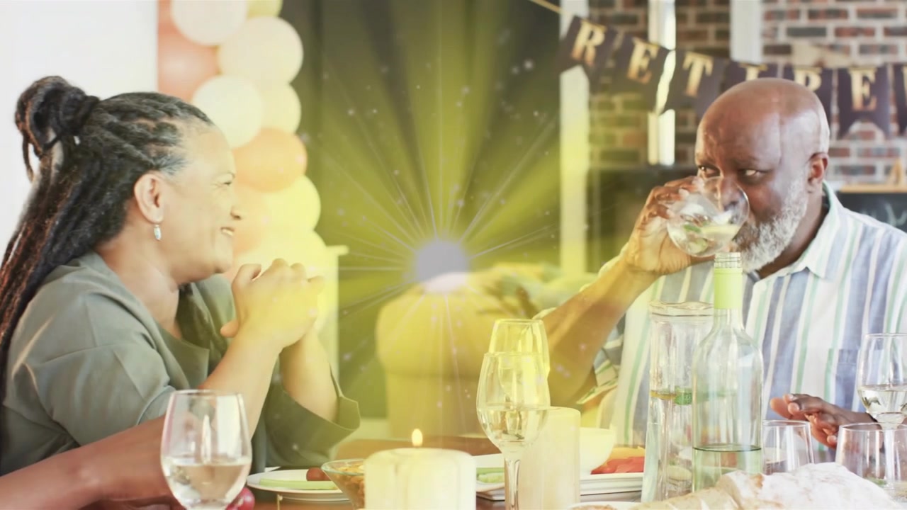 Vertical video: Smiling son urging senior in striped top raising glass for retiree at table, banner