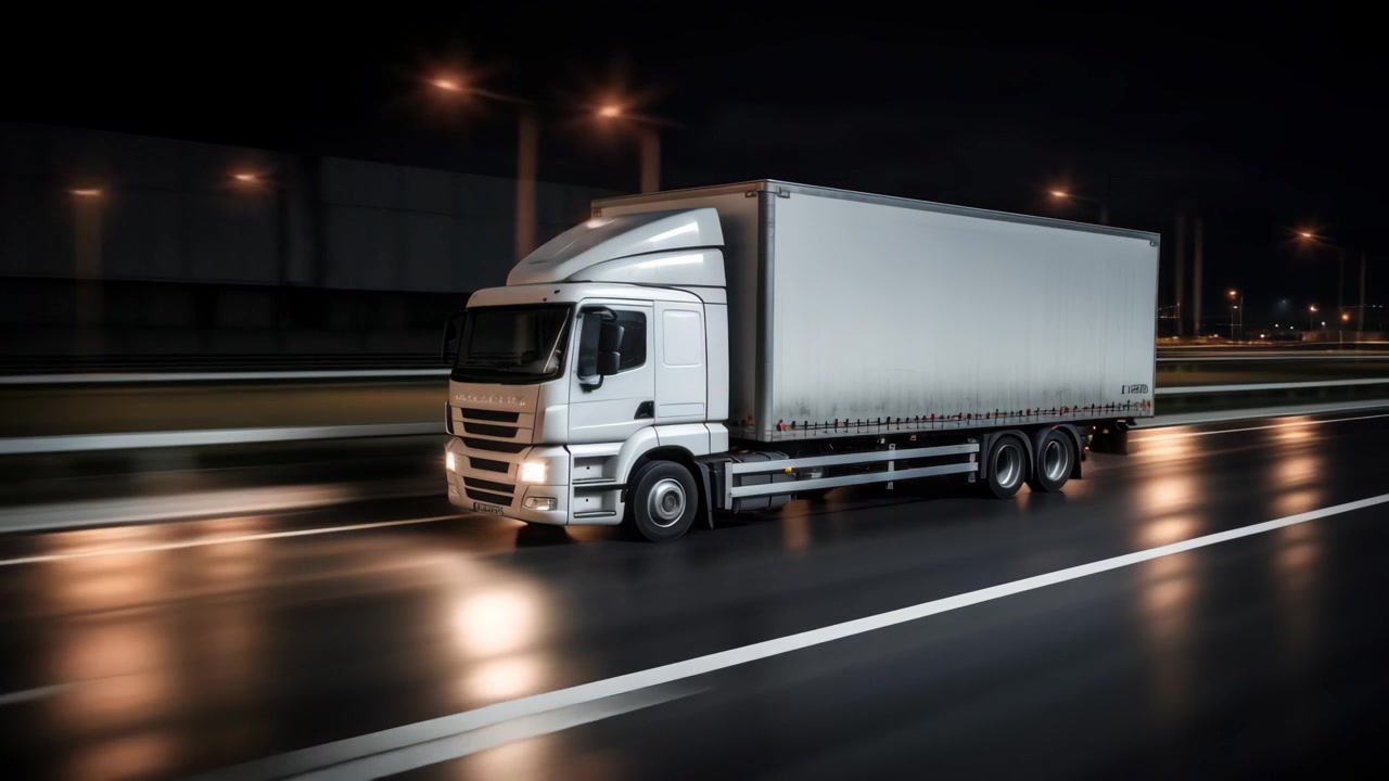 Semirimorchio bianco che guida su un'autostrada di notte