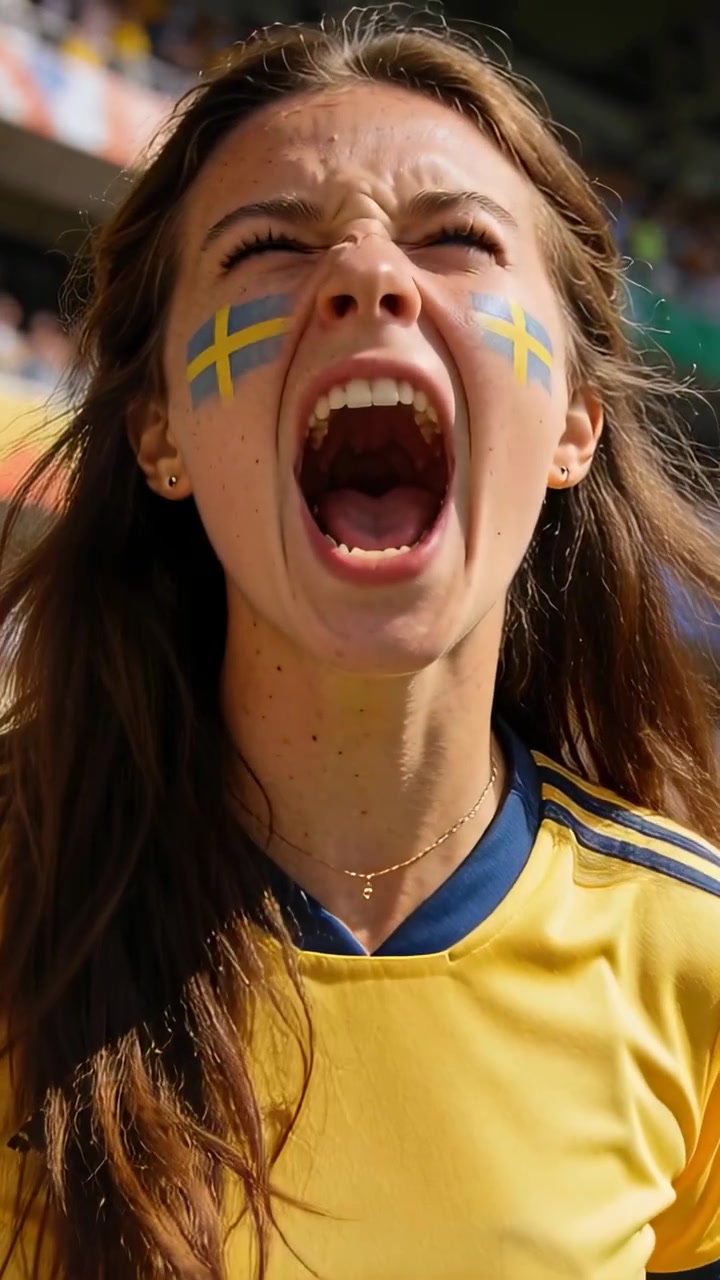 Video verticale: Tifoso che guarda la partita e urla, indossando una maglia gialla con trucco facciale svedese in tribuna