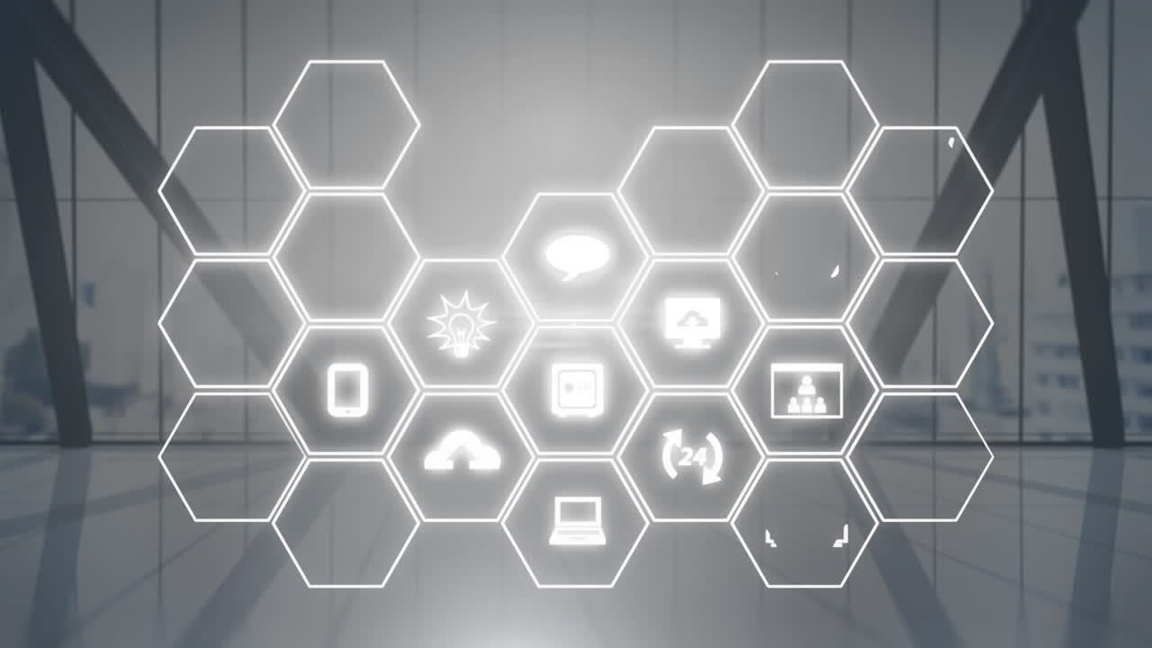 Animation of network of hexagons with icons over modern office in background