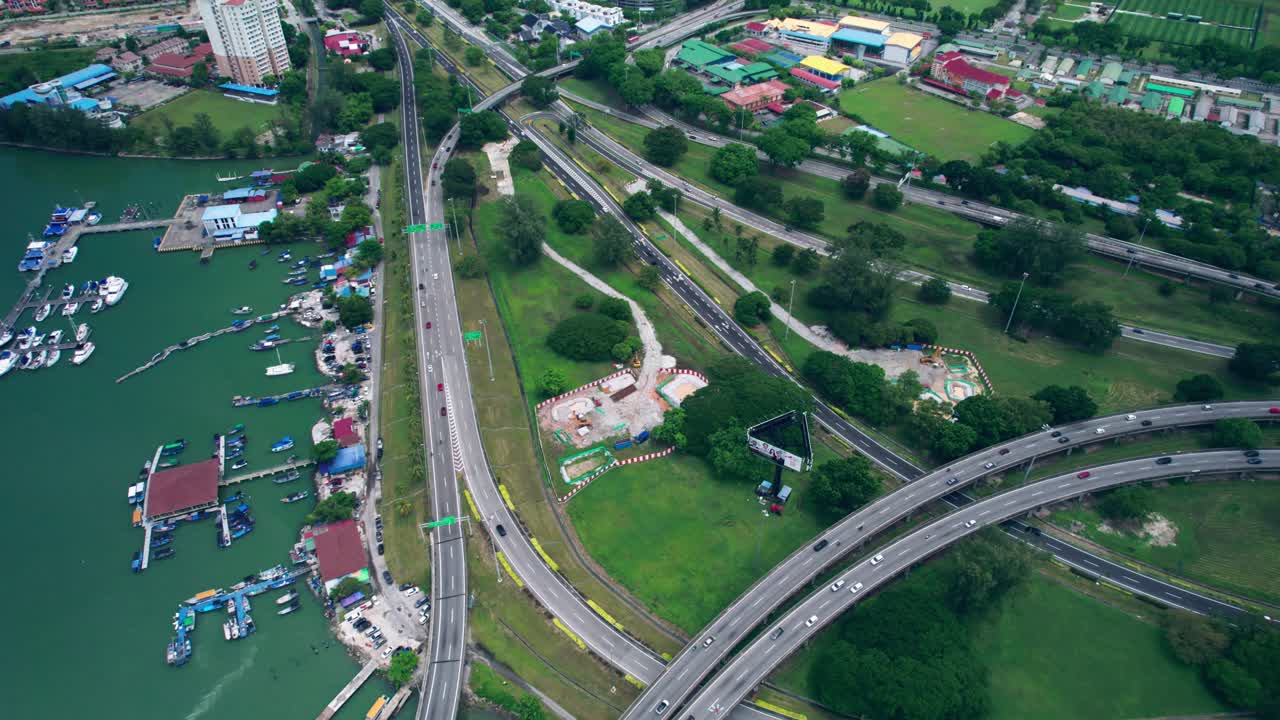 Aerial footage of vehicles on the road leading onto Penang Bridge