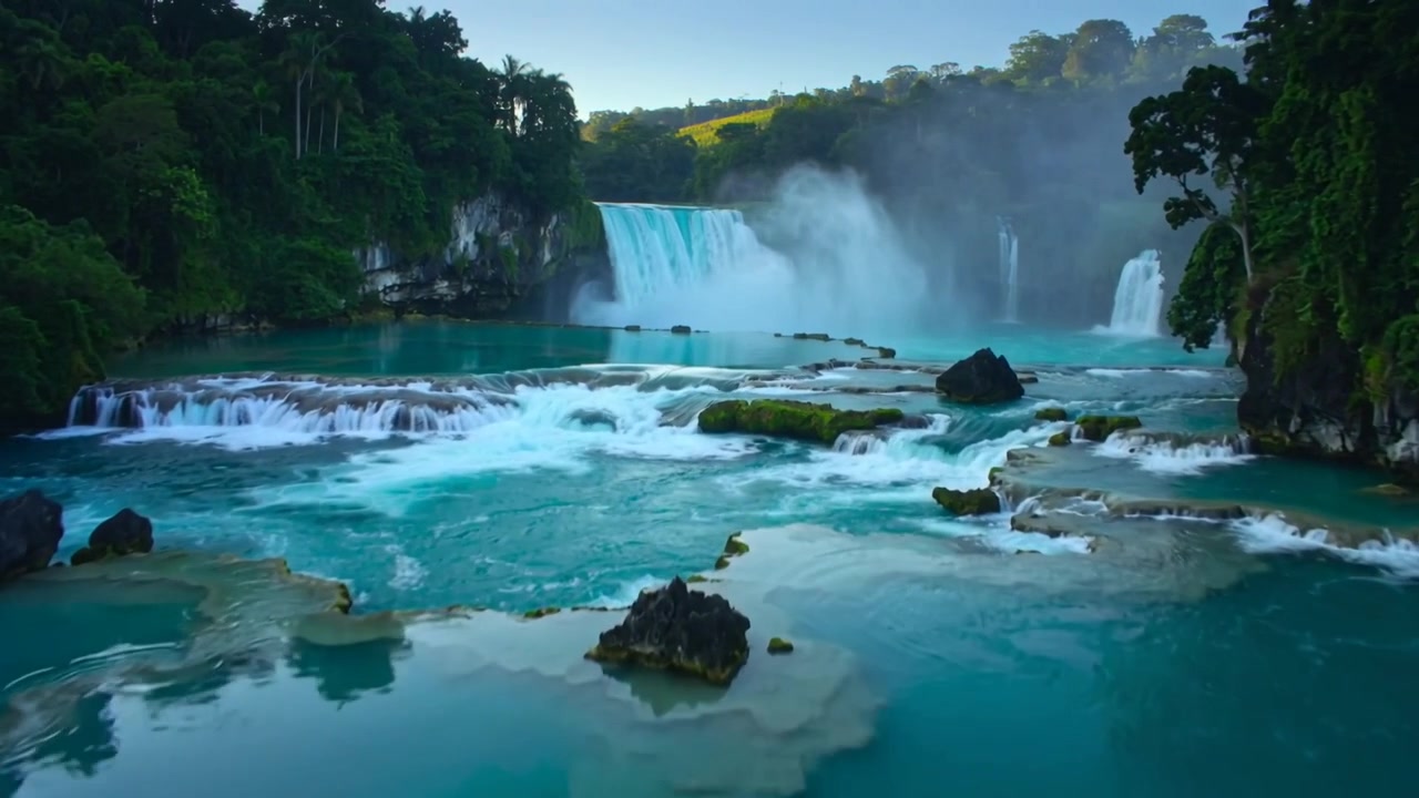 Revelando una cascada turquesa y repisas de travertino en un desfiladero de río, la cámara moviéndose, mostrando espuma.