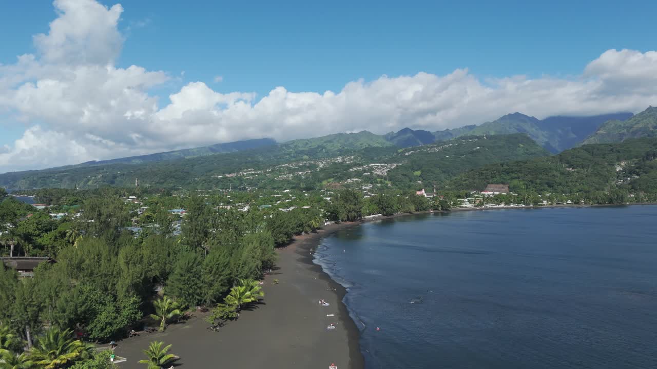 Pointe Venus Black Sand Beach And Shoreline In Tahiti Island, French Polynesia. - aerial shot