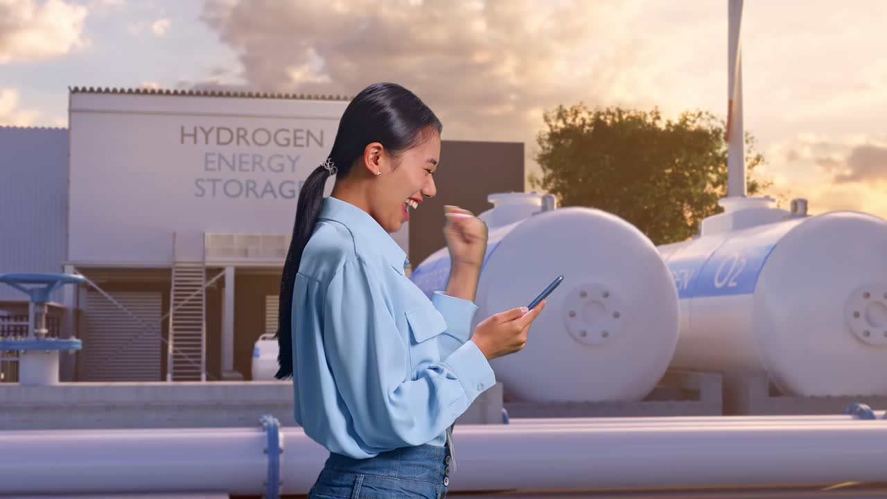 하이테크 산업 시설인 녹색 수소 공장에서 스마트폰을 들고 서있는 아시아 여성 직업 노동자의 측면 뷰, 그녀는 스마트폰을 확인한 후 소리 지르는 목표로 주먹을 들어 올립니다.