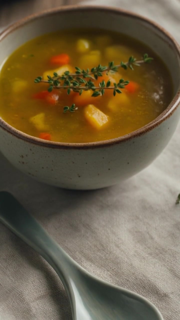 Tigela de Sopa Fresca de Legumes com Tomilho sobre um Pano de Linho