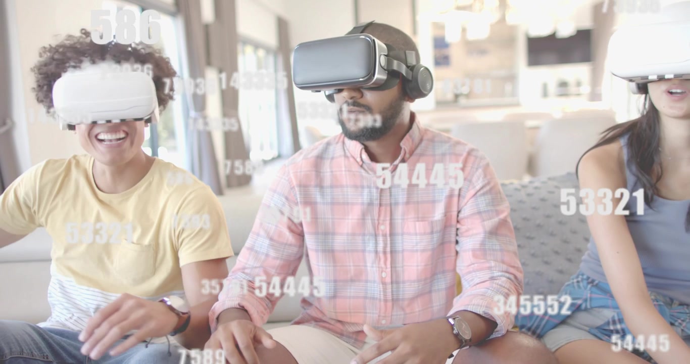 Three friends wearing VR headsets in tech demo, reacting to floating numbers, reaching data metrics