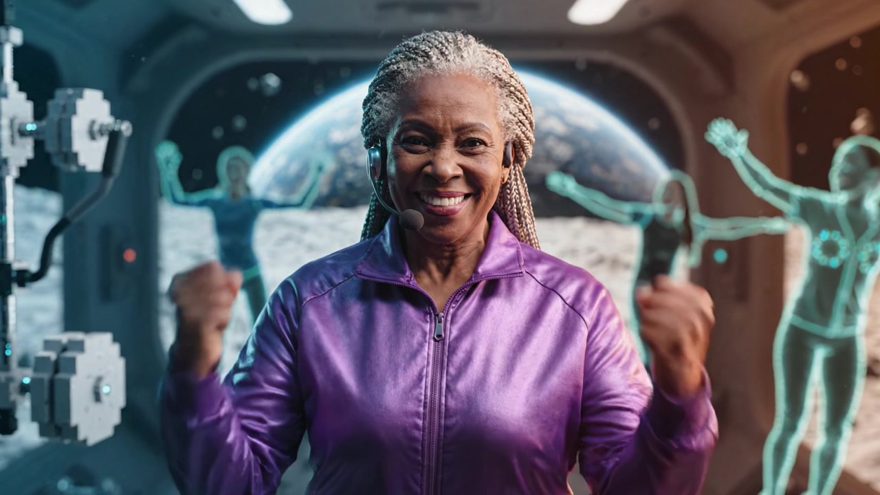 A determined woman in a purple spacesuit celebrates on the lunar surface with Earth visible in the background, showcasing enthusiasm and resilience in a cosmic setting.