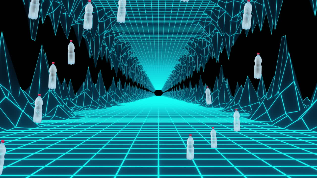 animación de botellas de plástico sobre montañas digitales sobre fondo negro