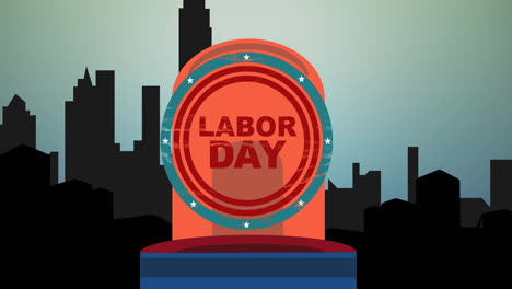 digital animation of labor text over flashing siren against silhouette of cityscape