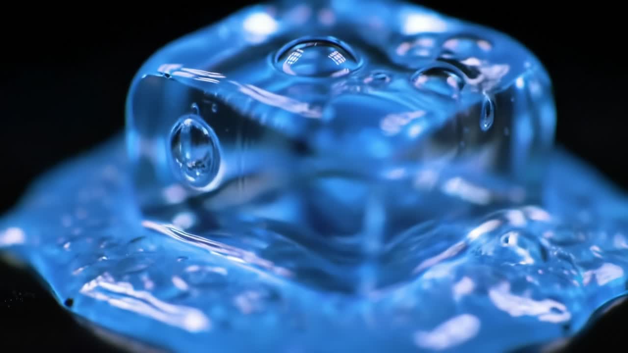 Bright Blue Ice Melting on a Surface Creating Rippling Patterns in a Close-Up View
