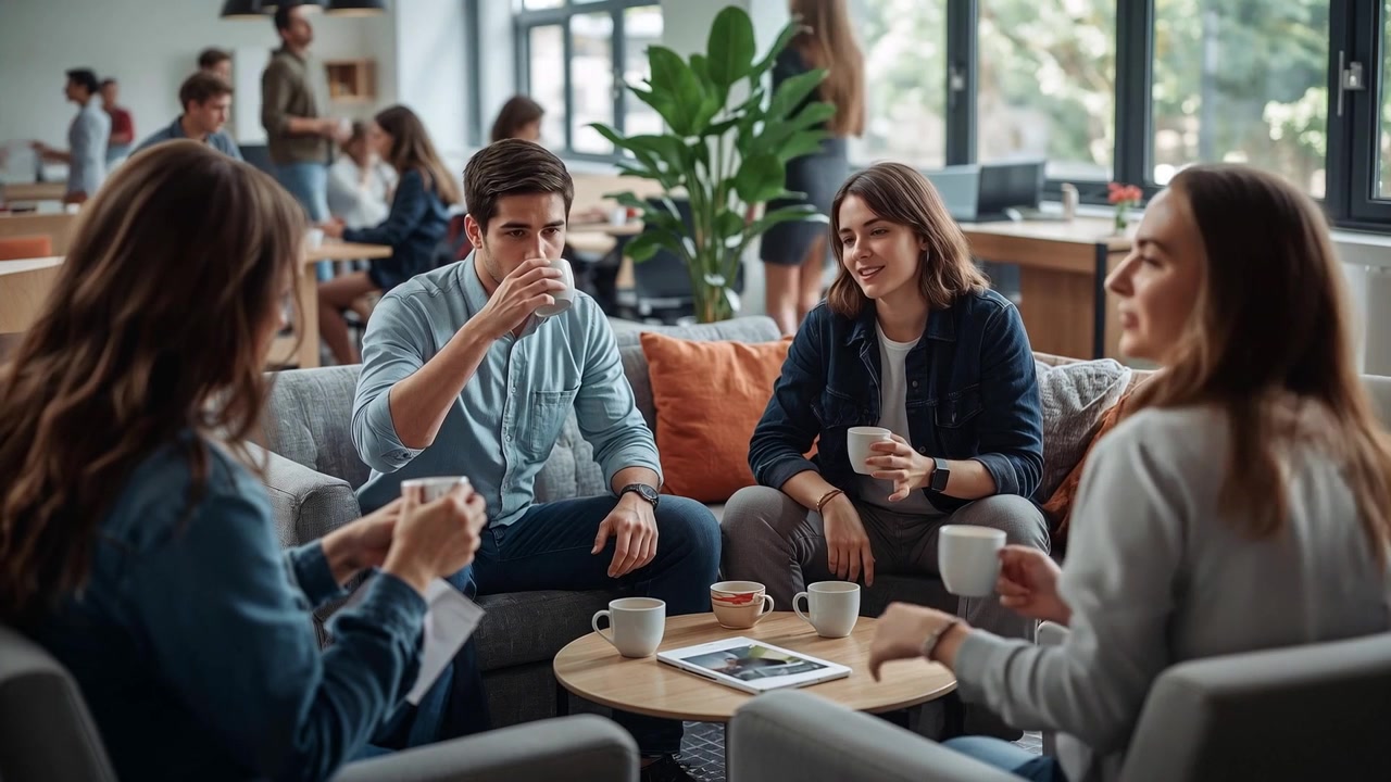 Segurando canecas, equipe em pausa para café no escritório, homem de camisa azul bebendo, mulher de jeans gesticulando com tablet