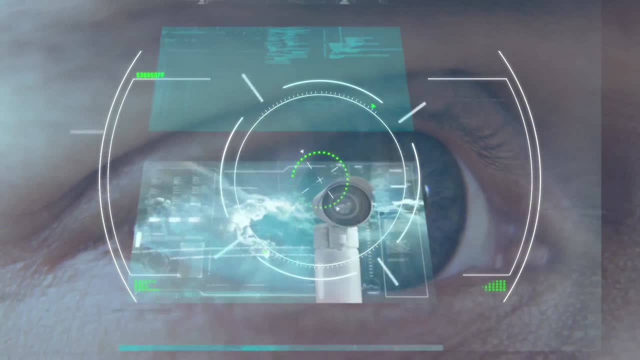 Animation of scope scanning and data processing over woman's eye